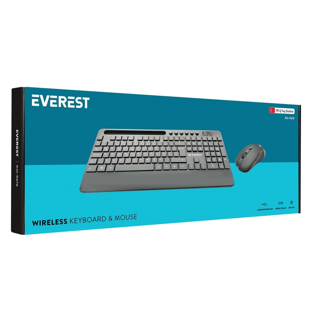 Everest KM-9676 Siyah Kablosuz 800/1200/1600 dpi Q Standart Klavye + Mouse Set