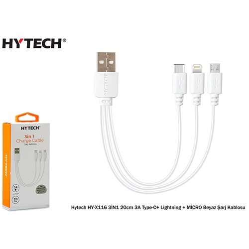 Hytech HY-X116 3İN1 20cm 3A Type-C+ Lightning + MİCRO Beyaz Şarj Kablosu