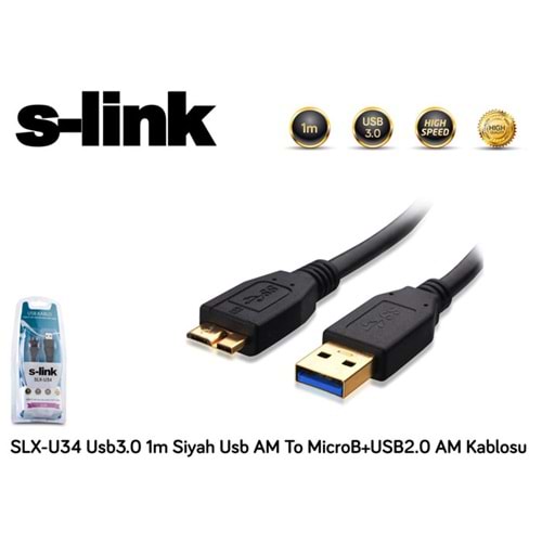 S-link SLX-U34 Usb3.0 1m Harici Disk 2li Data+Şarj Micro Usb Kablosu
