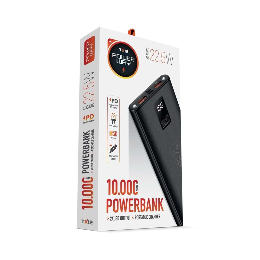 Powerway TX12 10000 mAh 2X Usb 22,5W Taşınabilir Şarj Cihazı Powerbank