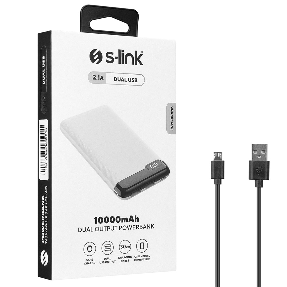 S-link IP-K11 10000mAh 2*USB+Micro+Type-C Beyaz LCD Ekranlı Taşınabilir Pil Şarj Cihazı