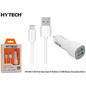 Hytech HY-X46 Type-C Kablolu 3.4A Hızlı Şarj 2 USB Beyaz Araç Şarj Cihazı